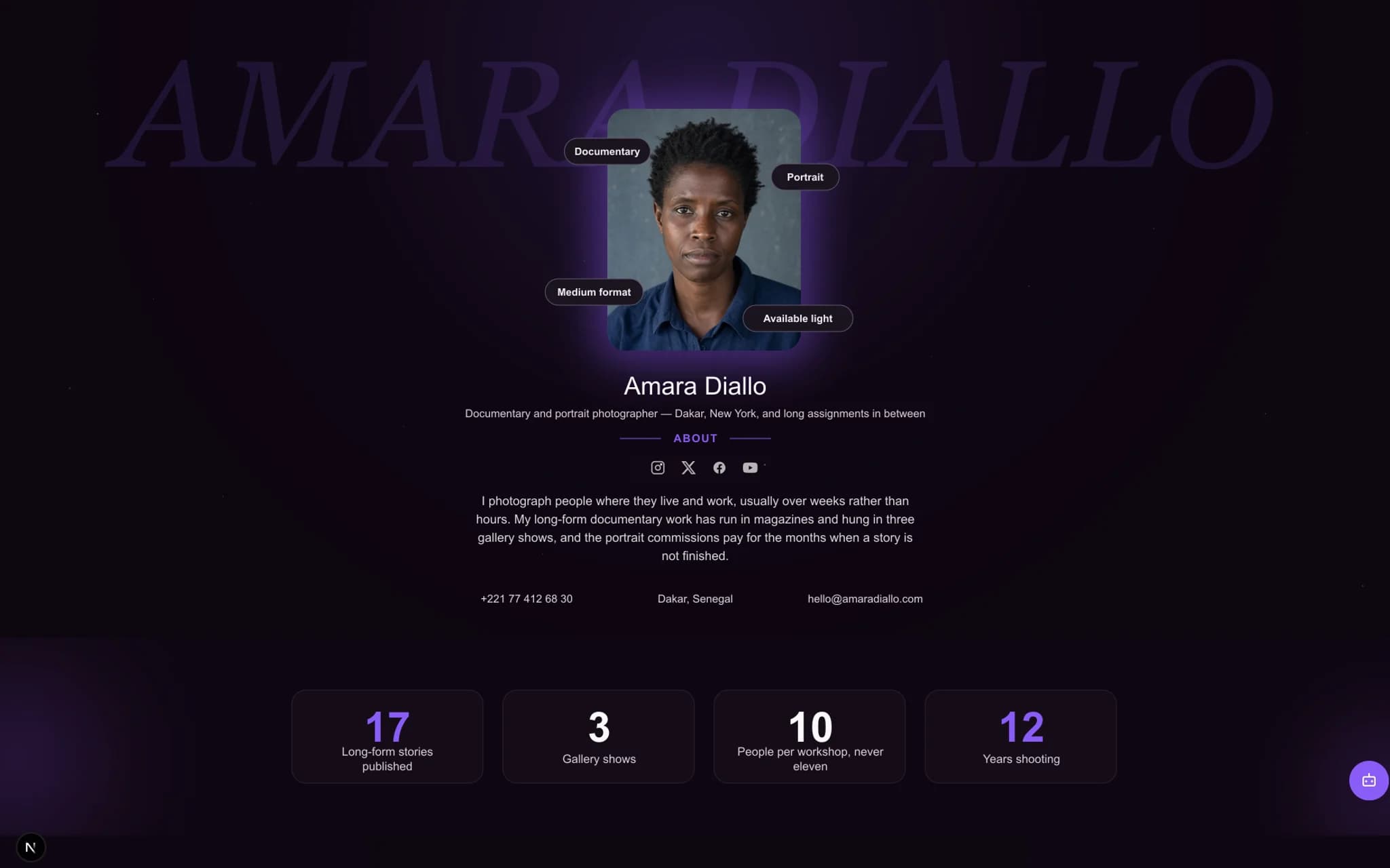 A published oReel portfolio in the Aurora template